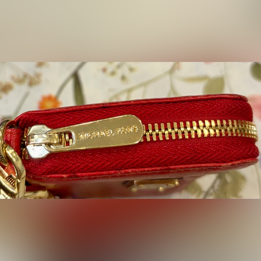 EUC! MICHAEL KORS Red Zip Wallet with Gold Chain Wristlet - Picture 8 of 15